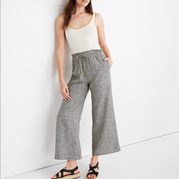 Madewell Smocked Huston Pull-On Pants in Mini Check Black White Linen Medium - Picture 1 of 11